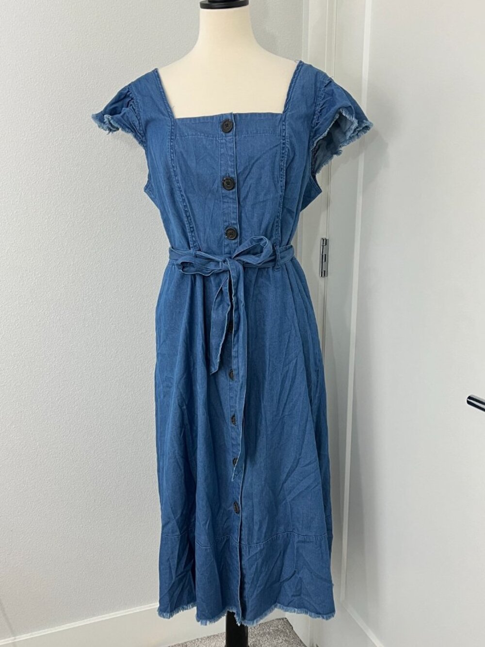 Who What Wear XL Blue Denim Chambray Midi Cap Sleeve Button Dress w/ Pockets